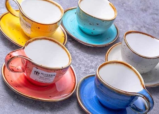 90ml 250ml Çok Renkli Rustik Stoneware Kahve Kupaları Fincan Tabağı Seti